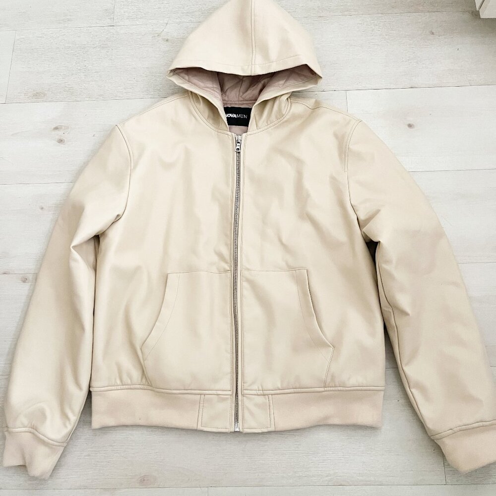 Nova Men Faux Vanilla Hooded Leather Bomber Jacket Size Large